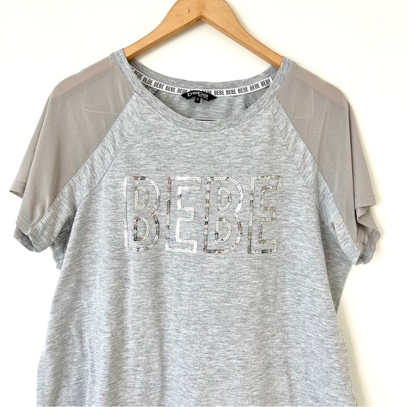 Bebe Sport Gray Sequin Logo Short Mesh Sleeves Womens 1X - Picture 2 of 10